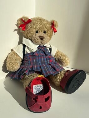 Build-A-Bear Beige Teddy in Blue and Red Plaid Dress with Red Bows, Undergarment